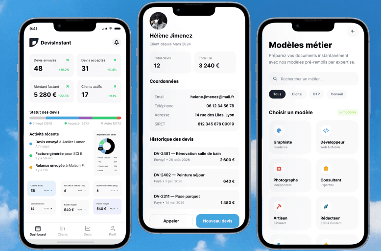 Dashboard, fiche client et modèles métier de DevisInstant sur mobile