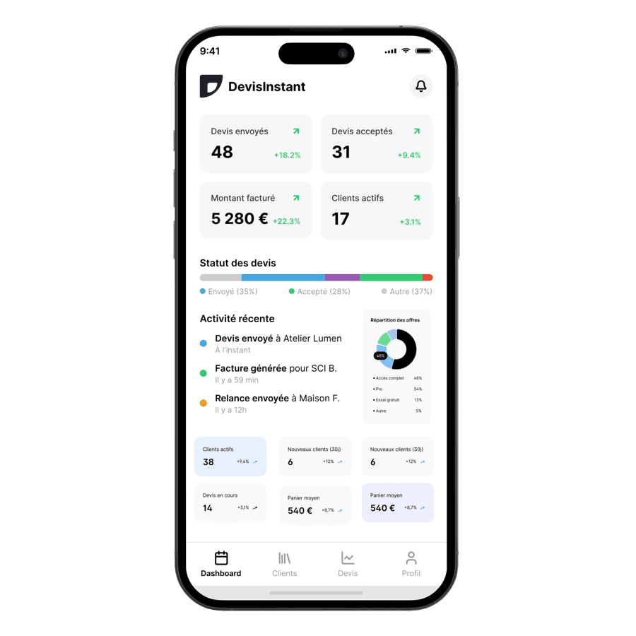 Tableau de bord DevisInstant sur mobile